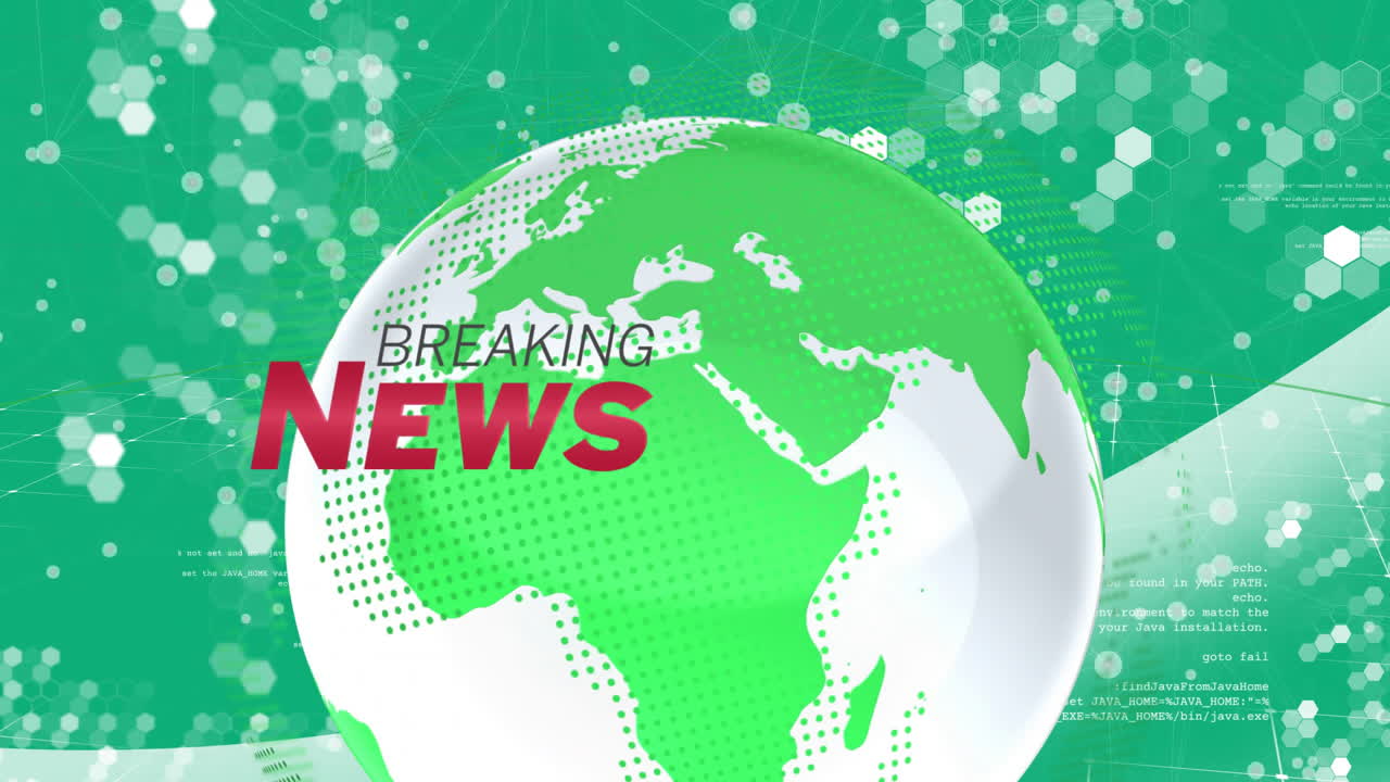 Animation of breaking news text over green globe with digital network background