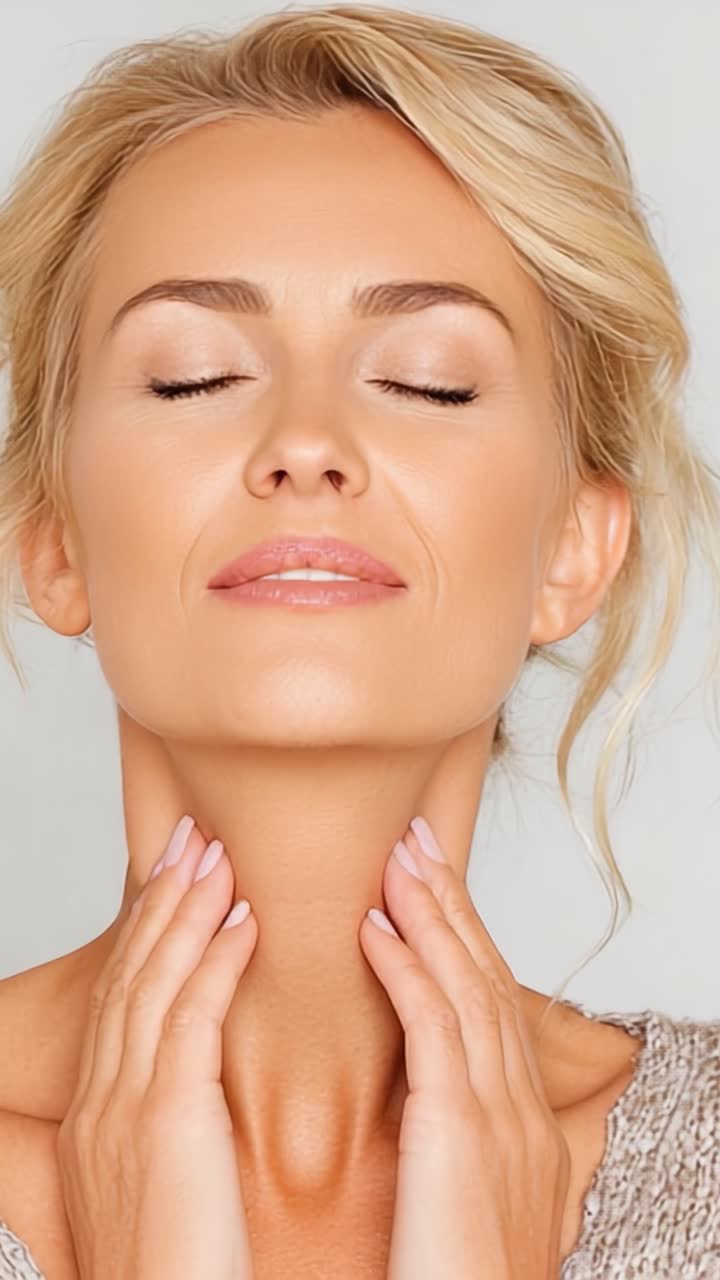 Un momento sereno di cura di sé: una donna elegante con gli occhi chiusi si gode un delicato massaggio al collo, irradiando calma e pace interiore in un ambiente morbido e naturale.