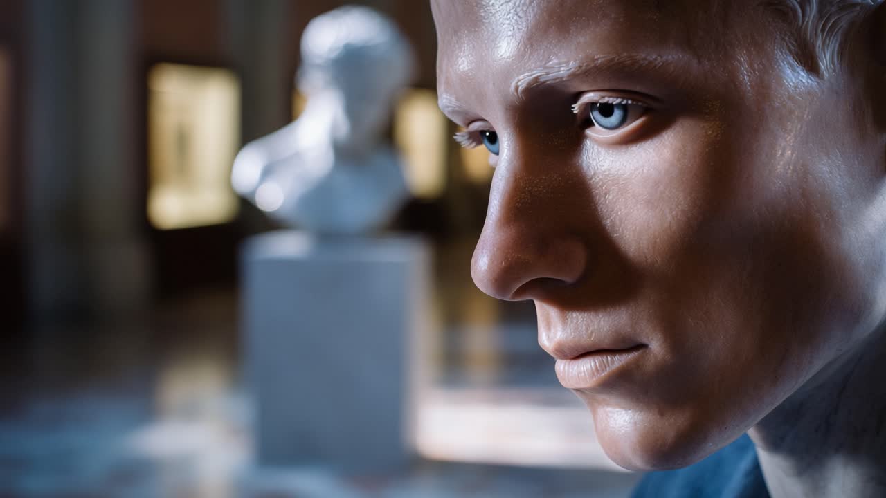 A Close-Up Exploration of a Realistic Male Bust Portrait with Subtle Expressions and Engaging Background in an Art Museum's Serene Atmosphere