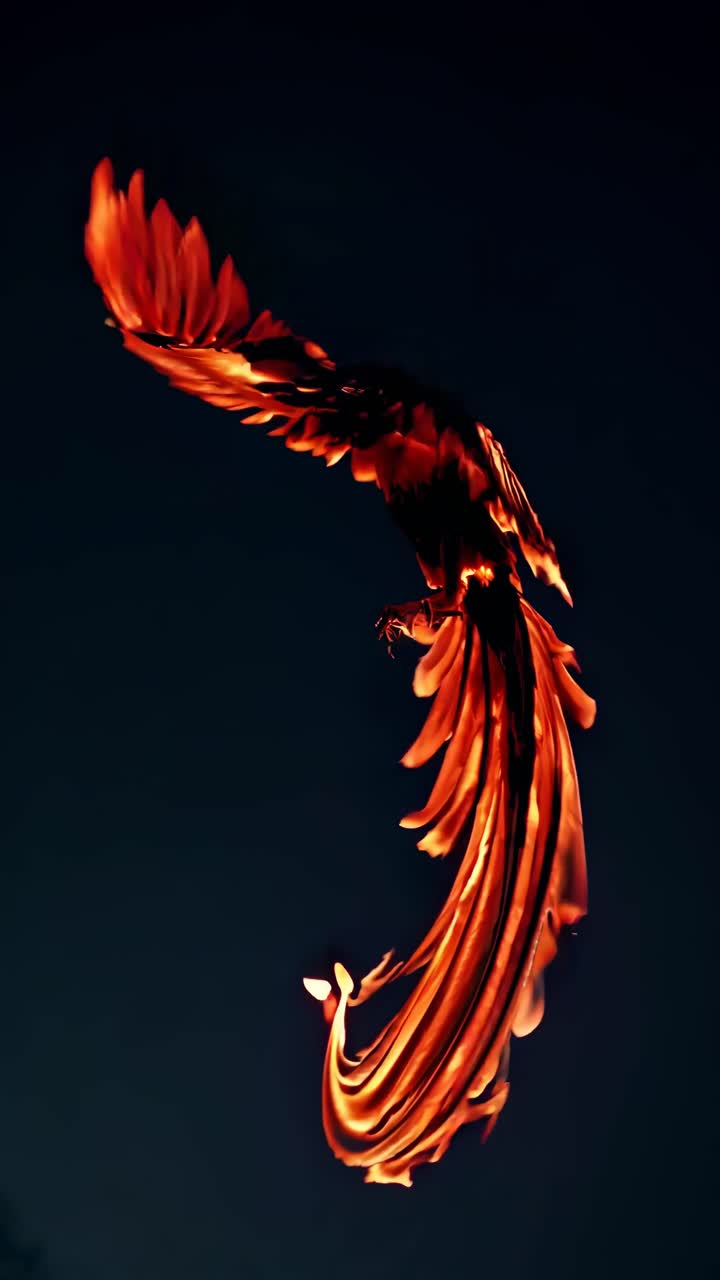 A fiery phoenix in mid-flight, captured from a low angle, against a dark backdrop
