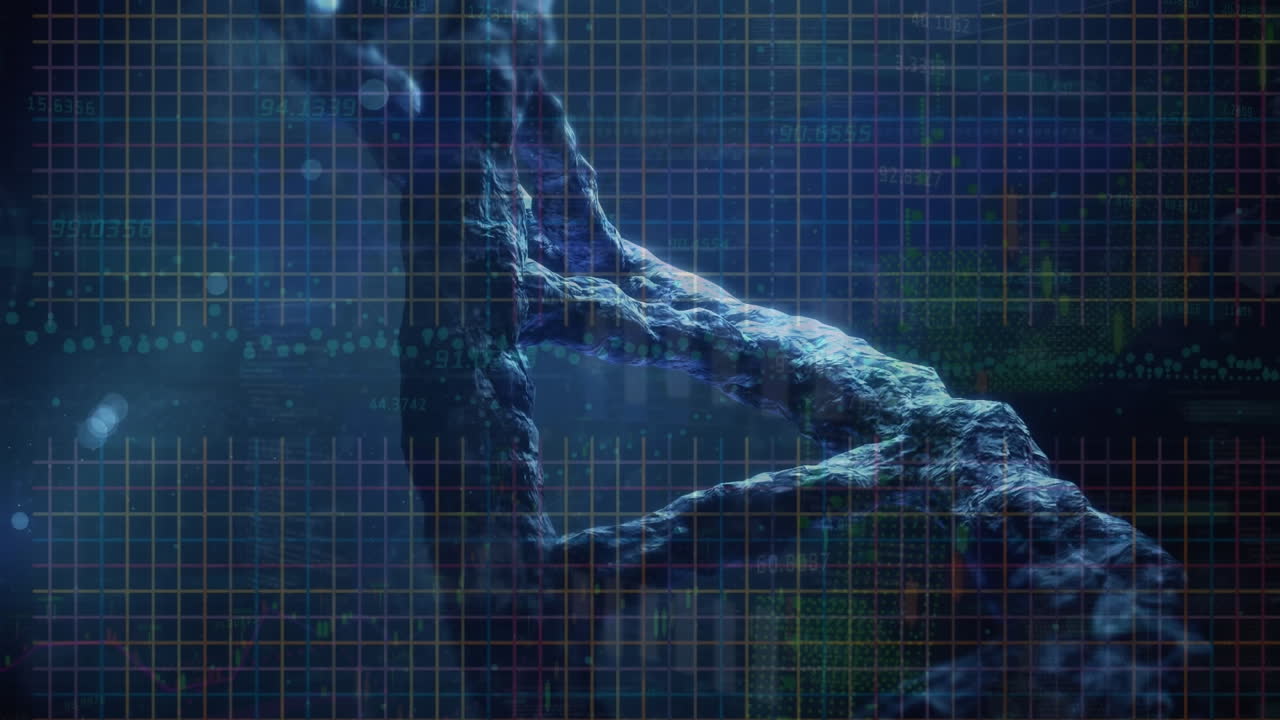 파란색 배경에 대해 회전하는 dna 구조와 금융 데이터 처리의 애니메이션