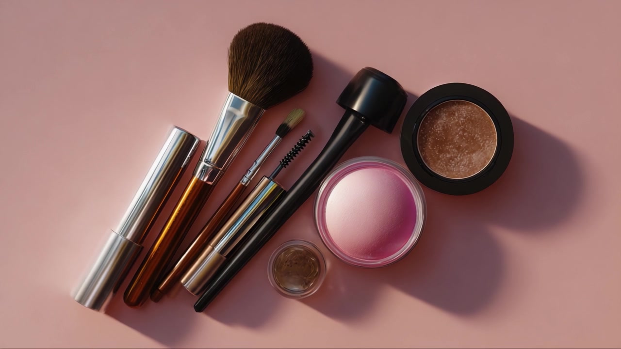 Aesthetic Display of Cosmetic Tools and Products on a Soft Pink Surface Highlighting Beauty Essentials for Everyday Makeup Application and Enhancement.