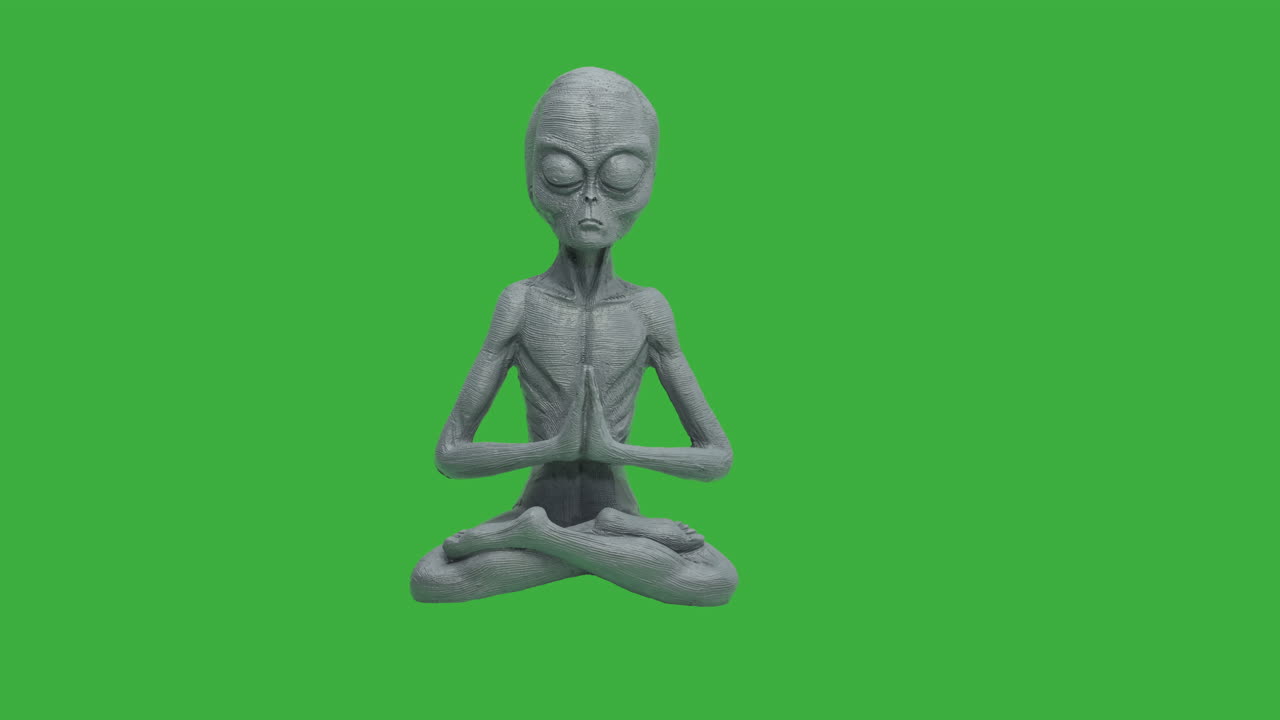 Close up of praying Alien in motion in front of green screen