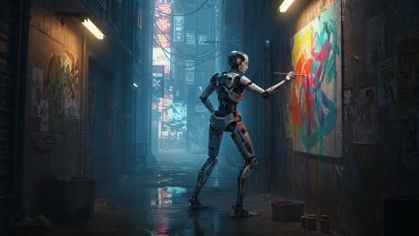 a futuristic robot creatively expresses itself through art in a neon-lit urban environment, merging technology with human creativity in a dystopian setting