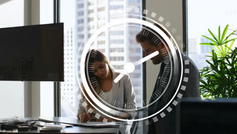 animation of clock moving over diverse female and male coworkers in office