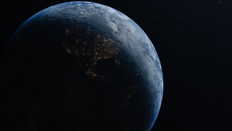 fotografía animada del planeta tierra girando desde el espacio, estrellas en el fondo, niebla atmosférica y luces de la ciudad desde el lado oscuro del planeta