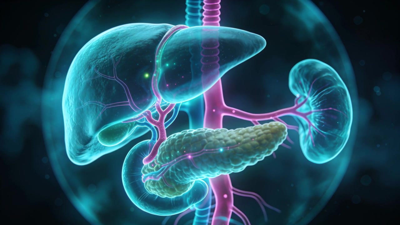 Starting animation showing liver, pancreas rotating pulsing in 3D, with vessels indicating flow