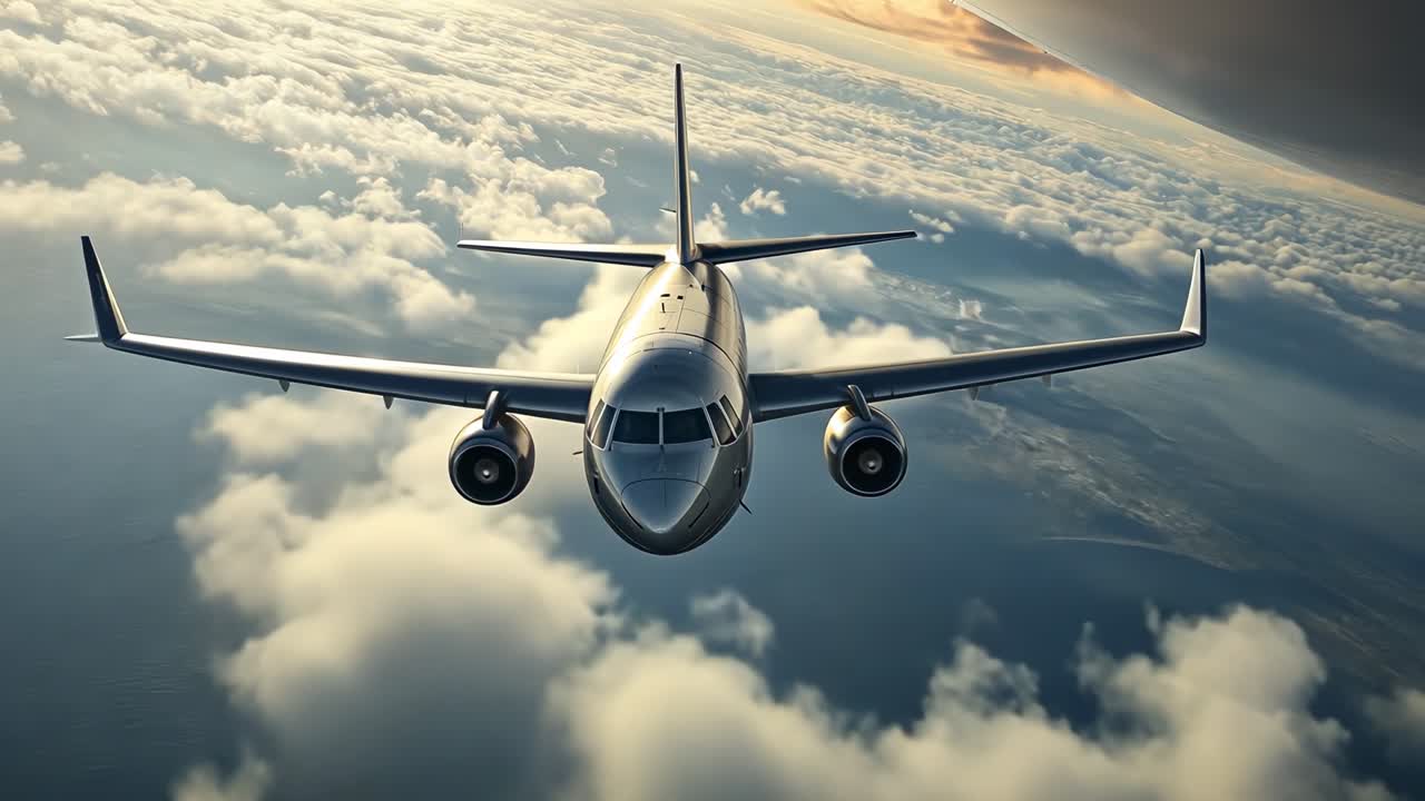 Vídeo aéreo de um jato de passageiros voando acima das nuvens ao pôr do sol, capturado de uma perspectiva dinâmica.