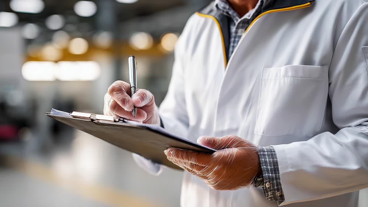 A focused professional in a lab coat and gloves diligently reviews notes on a clipboard, capturing crucial information in a well-lit environment, showcasing determination and expertise in their field