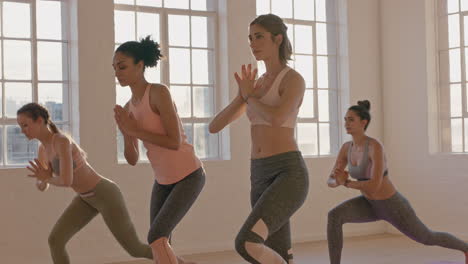 clase de yoga mujeres multiétnicas practicando oración posan disfrutando de un estilo de vida saludable haciendo ejercicio en el gimnasio al amanecer