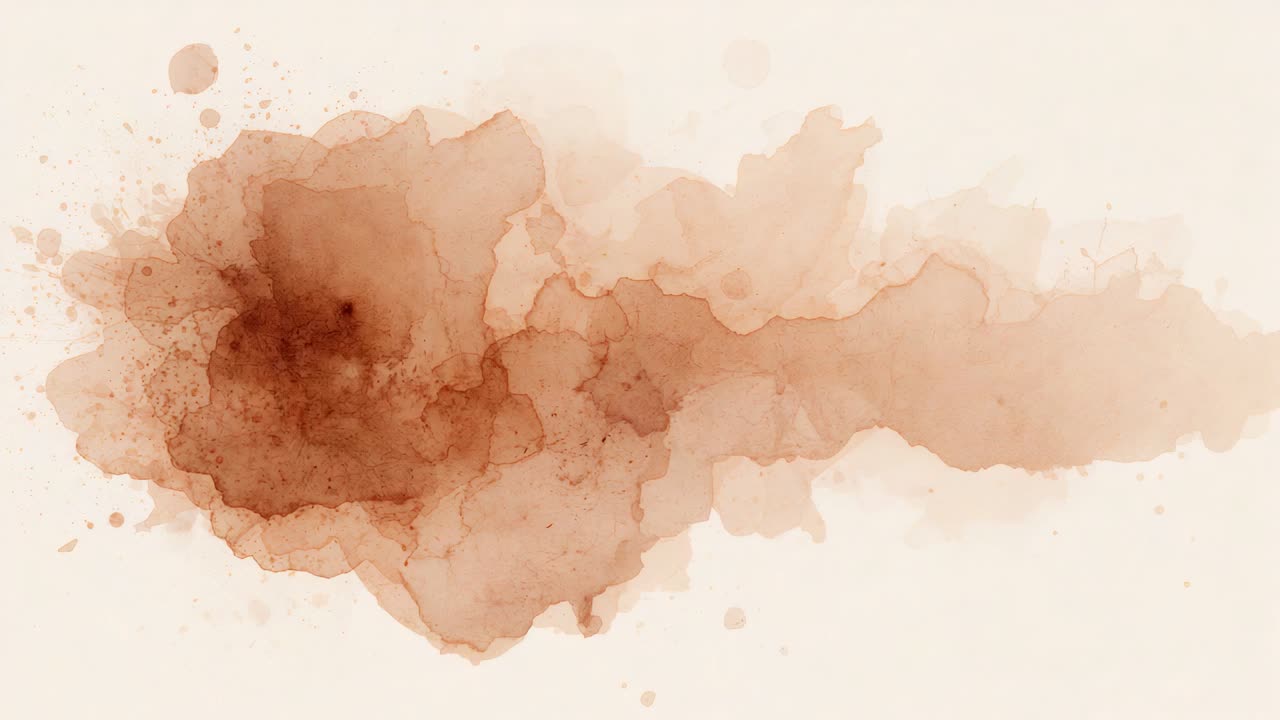 Spreading brown ink blot rightward after droplet landing on cream paper, showing splatter details