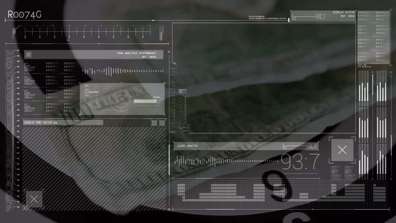 Animation av databehandling över amerikanska dollarssedlar