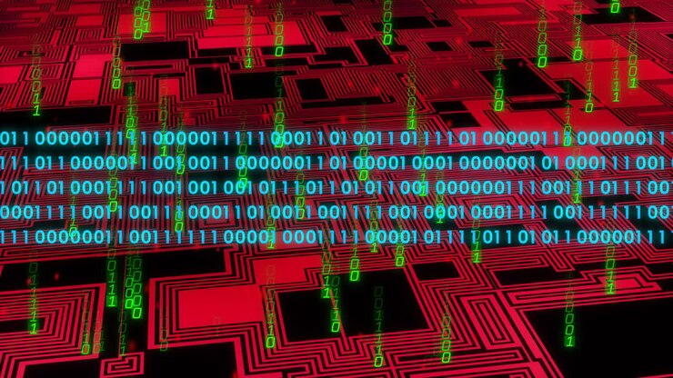 Animation of digital data processing binary coding over circuit board