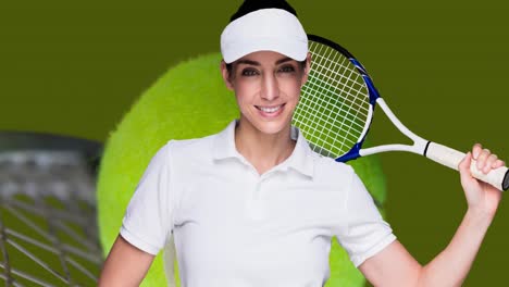 Animation-of-happy-caucasian-female-tennis-player-with-rocket-over-tennis-field-and-ball