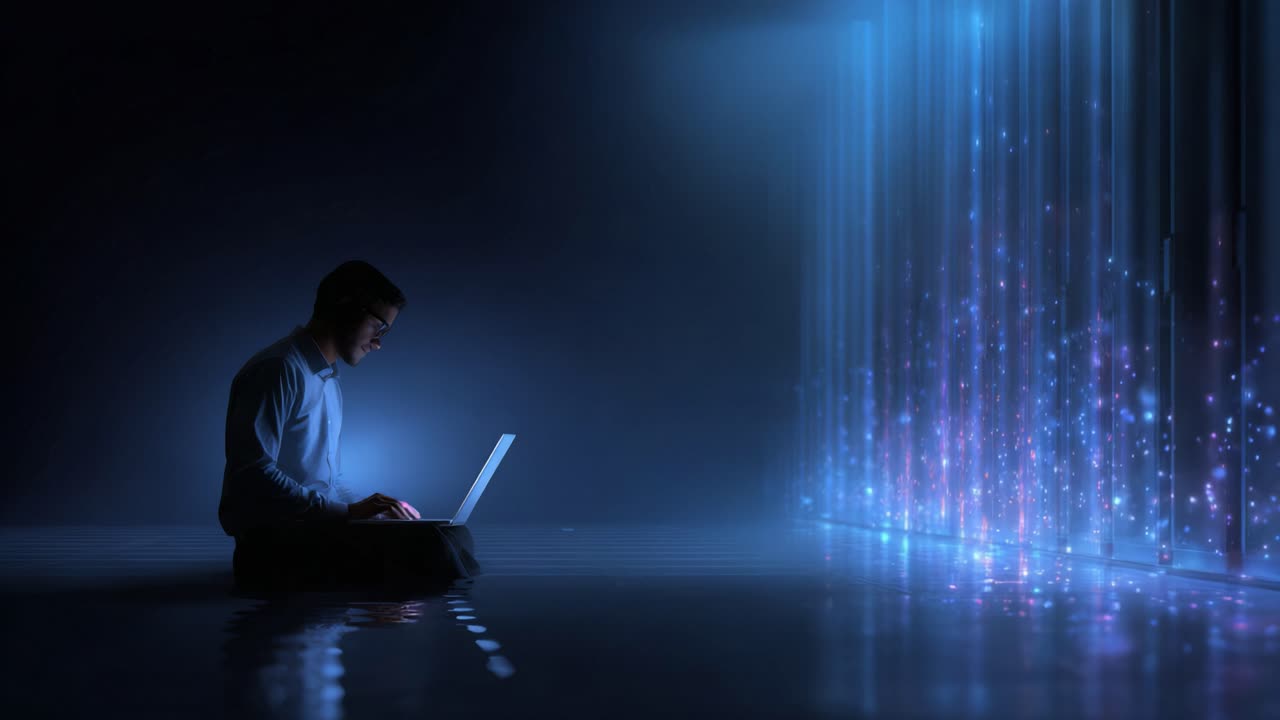 A person sitting quietly in a dark space, using a laptop, surrounded by vibrant beams of light and digital patterns symbolizing technology and innovation
