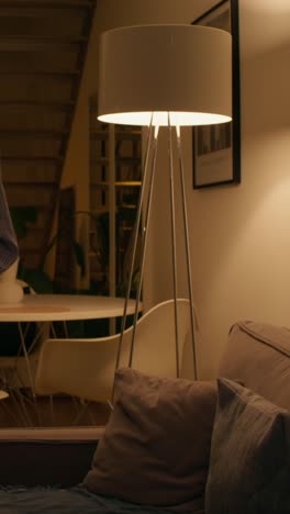 woman working on laptop in a cozy living room at night