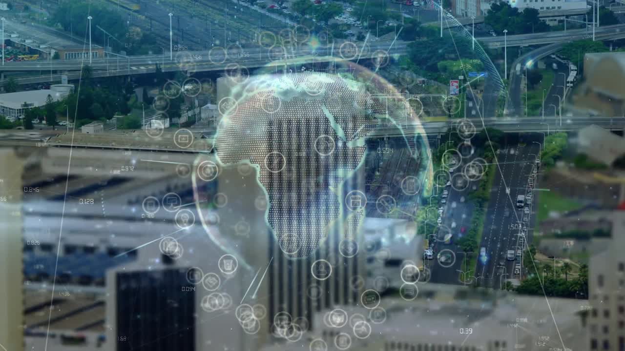 연결 네트워크와 도시 풍경 위의 지구의 애니메이션