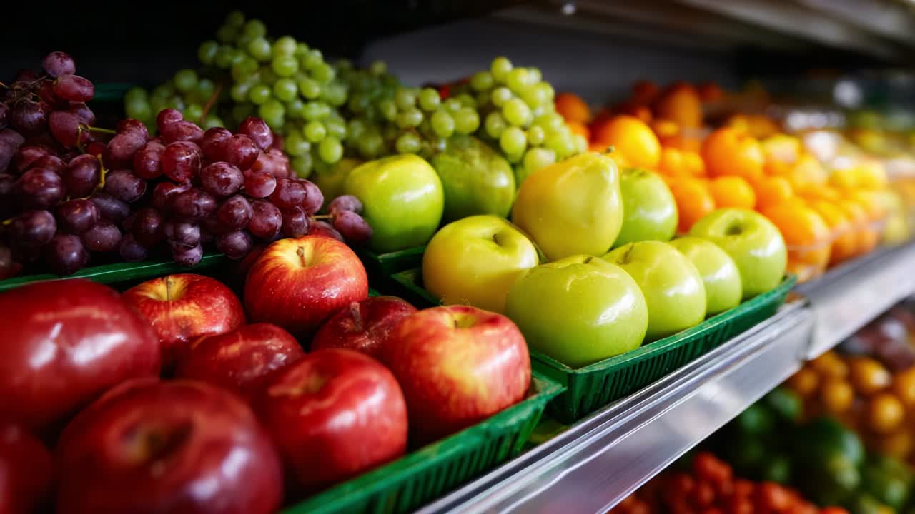A Vibrant Display of Fresh Fruits in an Organized Market Setting Showcases an Array of Colorful Apples, Grapes, and Oranges, Highlighting the Beauty and Diversity of Nature's Bounty in a Grocery Selection