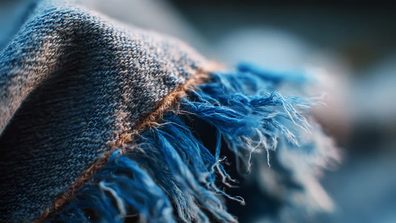 Close-up View of Frayed Denim Fabric Showcasing the Textured Details and Blue Hues, Highlighting the Wear and Tear with Strands Loosely Hanging, Reflecting Both Style and the Essence of Fabric Craftsmanship