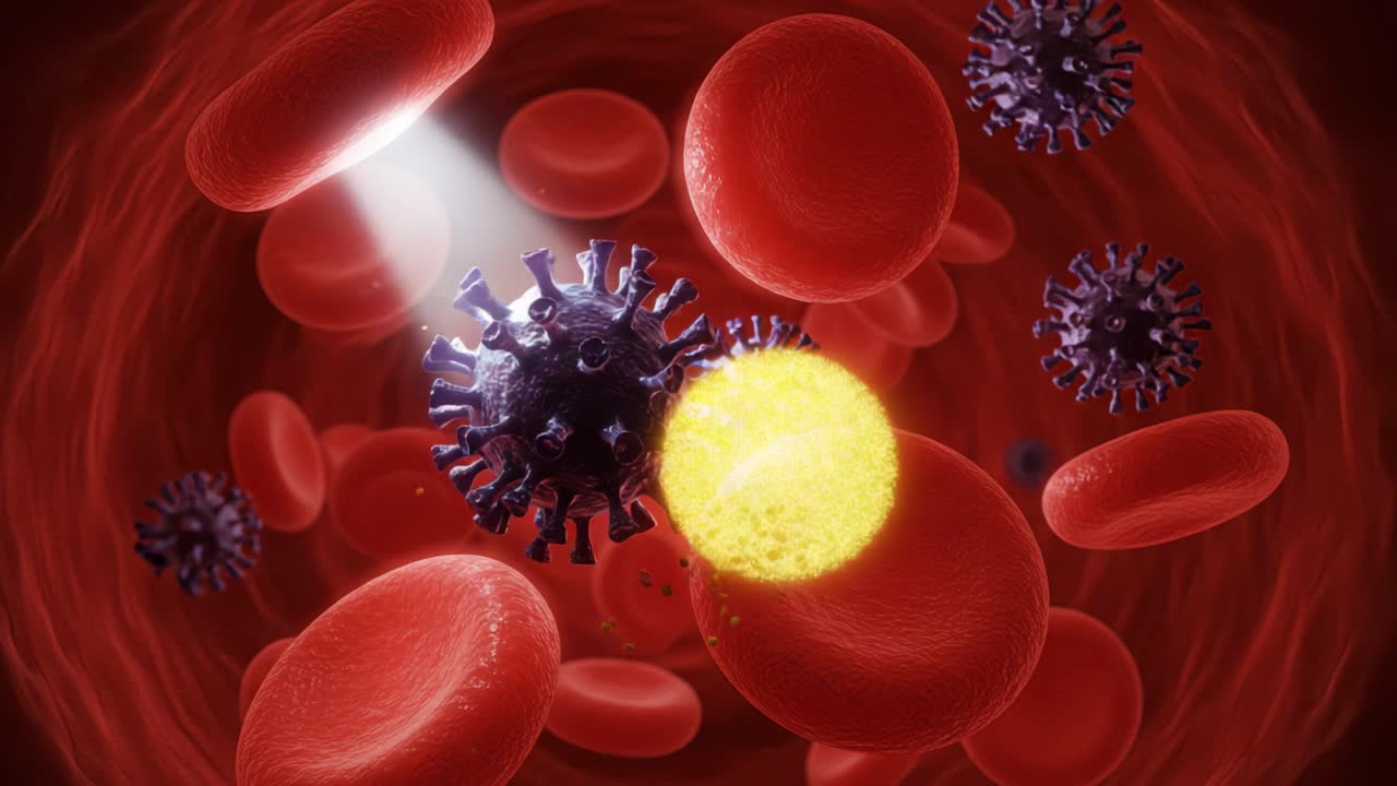 Visualization of Blood Cells Interacting with Viruses: A Close-Up Look at the Immune Response within the Human Body's Circulatory System