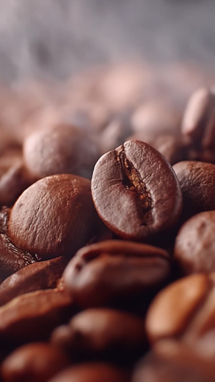 En nærbillede-udforskning af friskristede kaffebønner, der fanger deres rige teksturer og aroma i en indbydende, dampende atmosfære