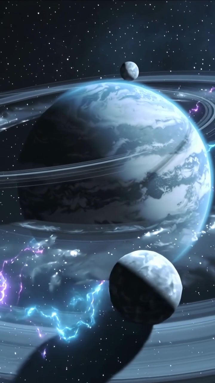 Vertical video: Panning cam centering ringed planet in orbit, moons drifting, rings sparking