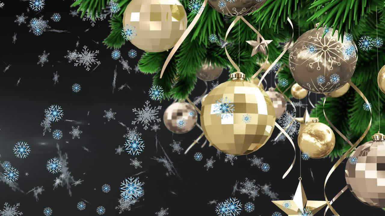 animación de nieve cayendo sobre las decoraciones del árbol de navidad sobre fondo azul