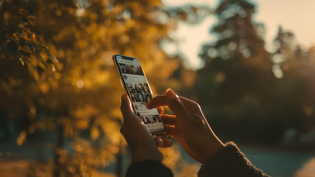 Engaging with Digital Content: A Close-up Look at a Person Using a Smartphone While Surrounded by the Warm Glow of Autumnal Nature