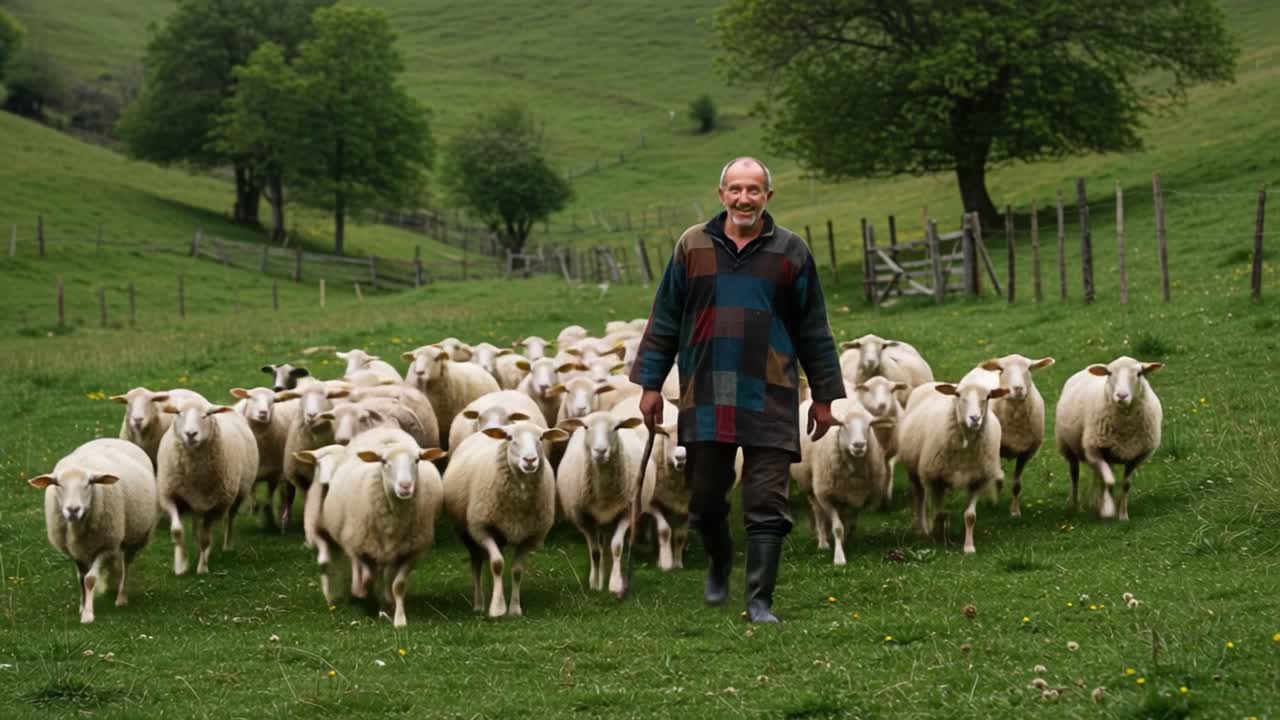 A Shepherd Gently Guides His Flock of Sheep Through Lush Green Pastures in a Serene Countryside Landscape, Emphasizing the Harmony Between Nature and Agriculture