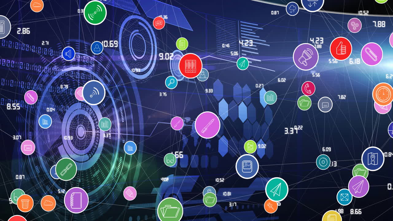 animación de la red de conexiones con iconos digitales sobre el procesamiento de datos en segundo plano
