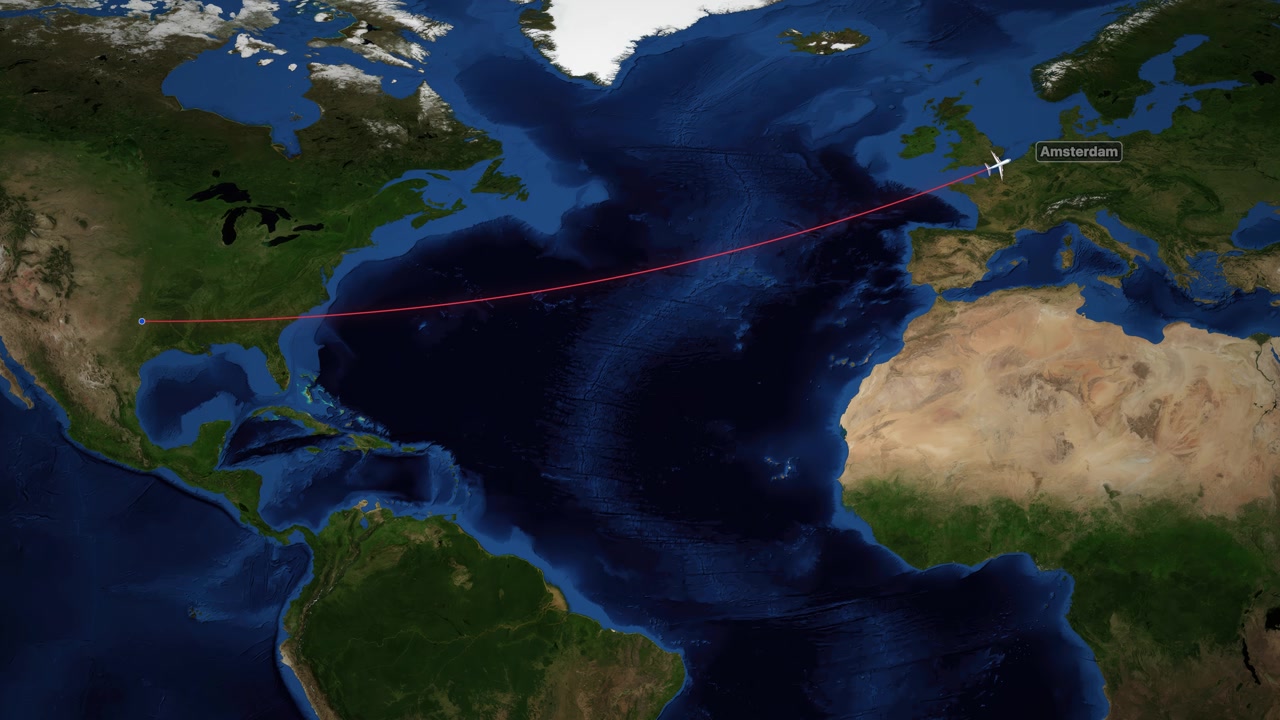 A red line tracks an airplane flying from Dallas to Amsterdam over a satellite map