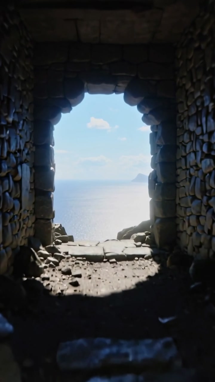 Vertical video: Moving camera revealing stone arch framing sunlit sea and islands for coastal view