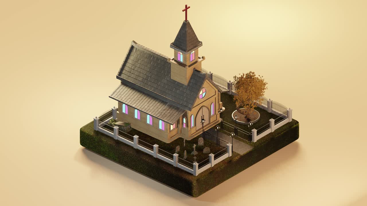 Isometric view of exterior of church model on pale tan background. 3d isometric loop
