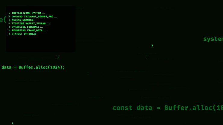 Computer Terminal Displaying Green Programming Code and System Initialization