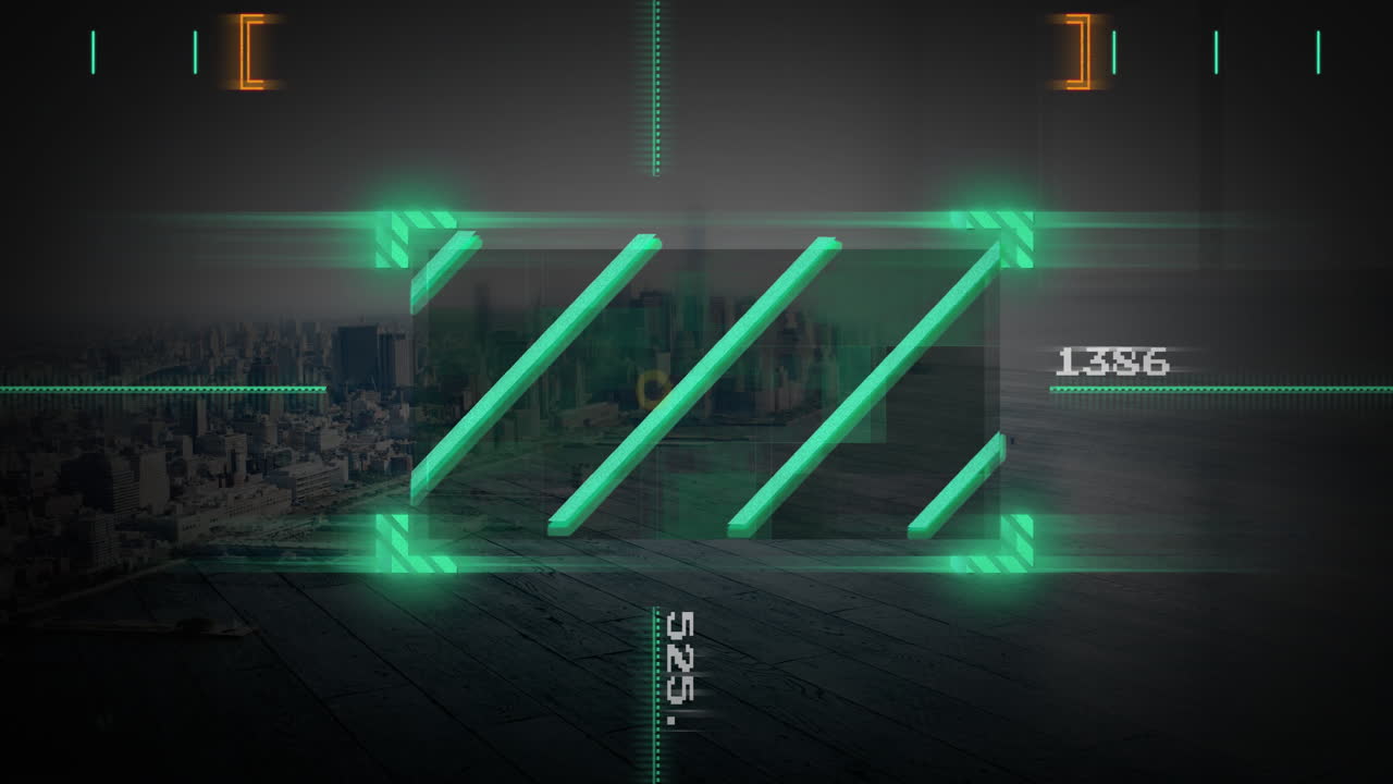 Animation of digital interface with numbers and patterns overlaying cityscape