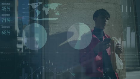 animation of data processing over biracial man using smartphone