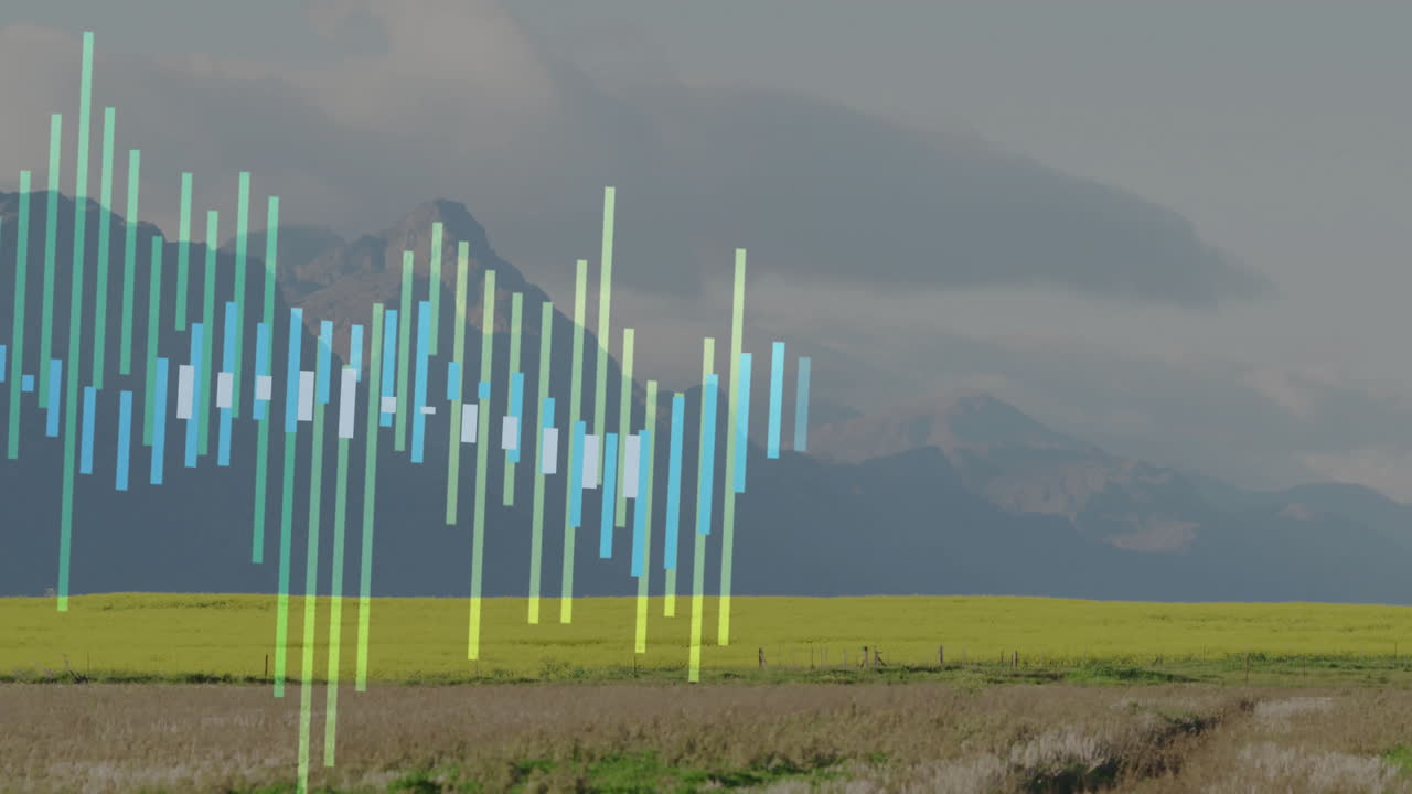 Digital equalizer bars floating over rural field with mountain backdrop in flat animated style