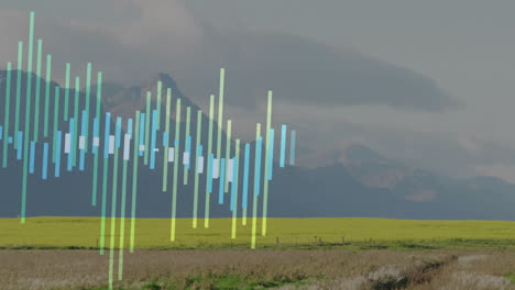 digital equalizer bars floating over rural field with mountain backdrop in flat animated style