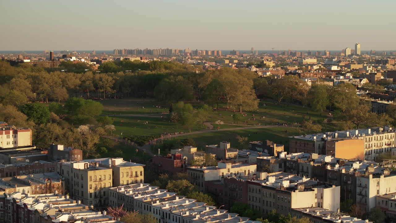 Aerial view of Sunset Park at dusk. Shot in Brooklyn, New York City.