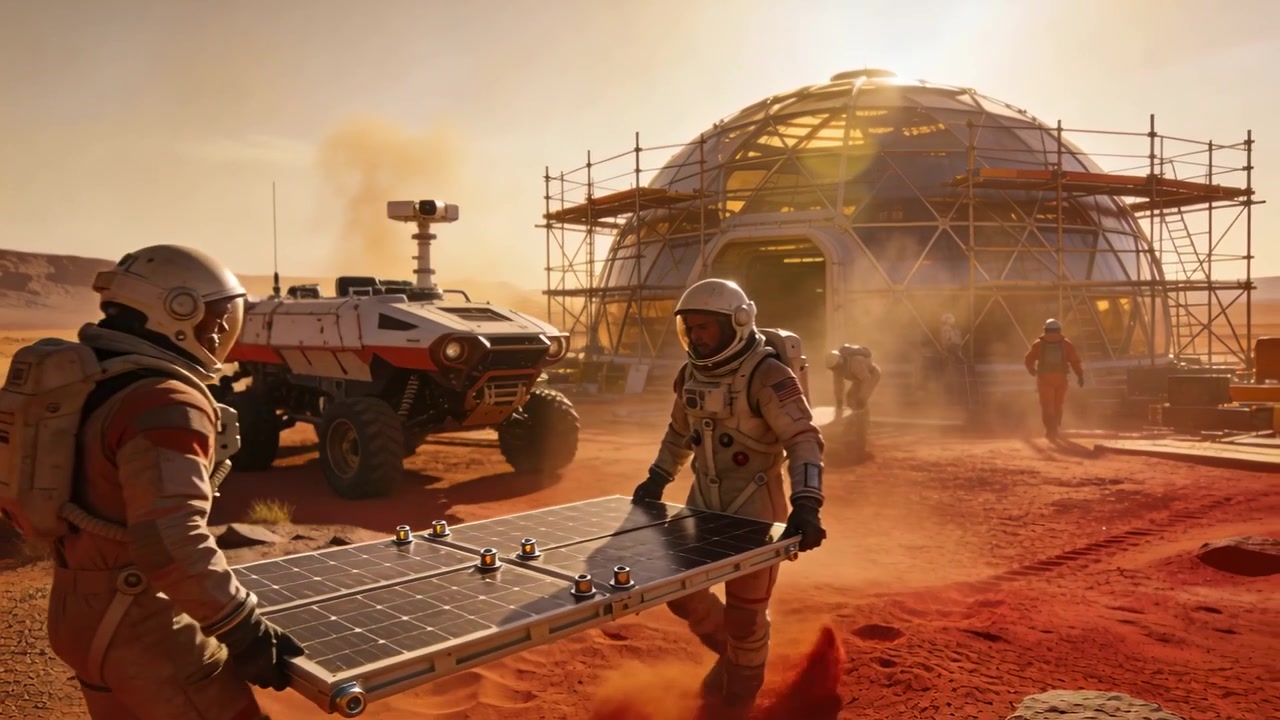 To astronauter i dragter bærer et solpanel efter ordre og er på vej mod Mars-kuplen for at installere strøm.