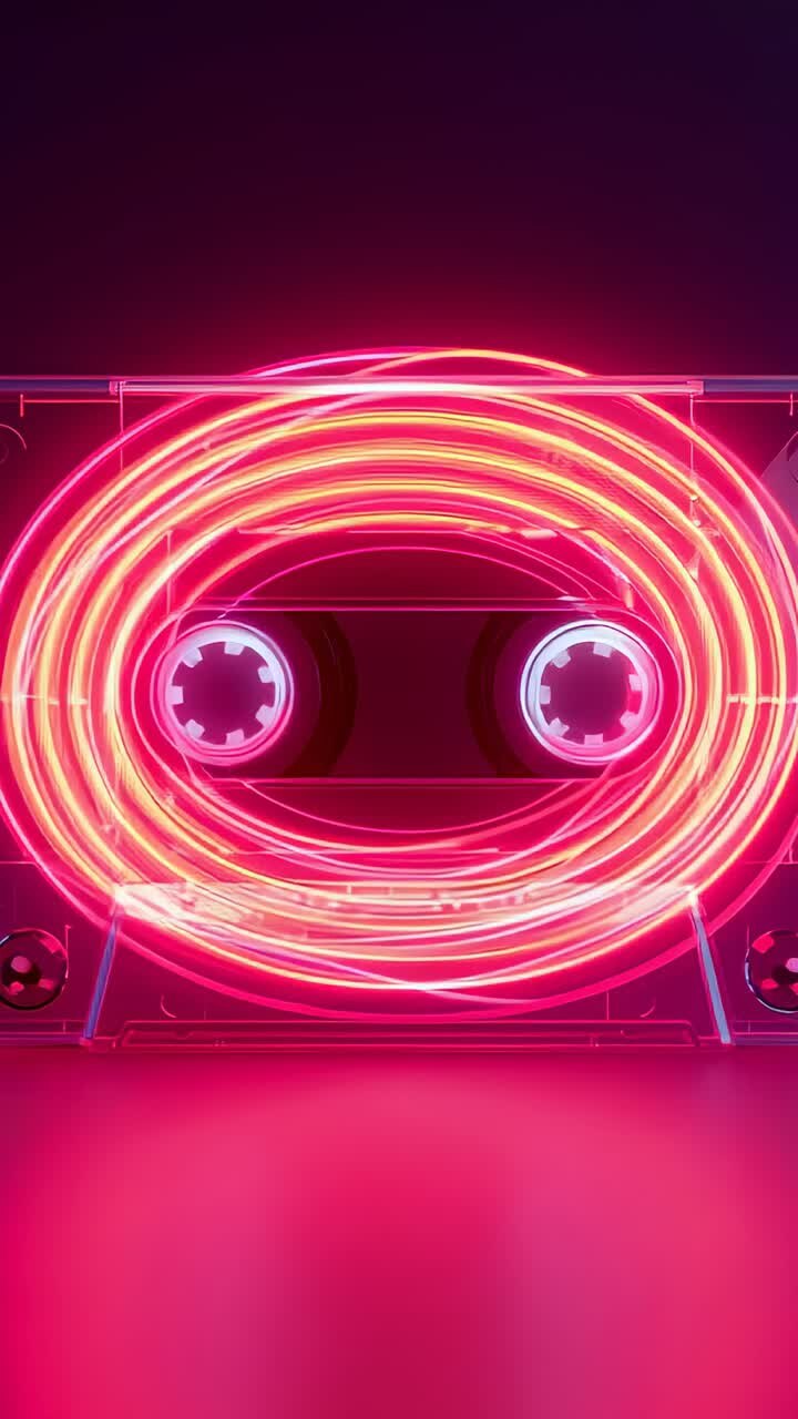 Vertical video: Playback initiating transparent cassette tape spinning neon coil in digital studio