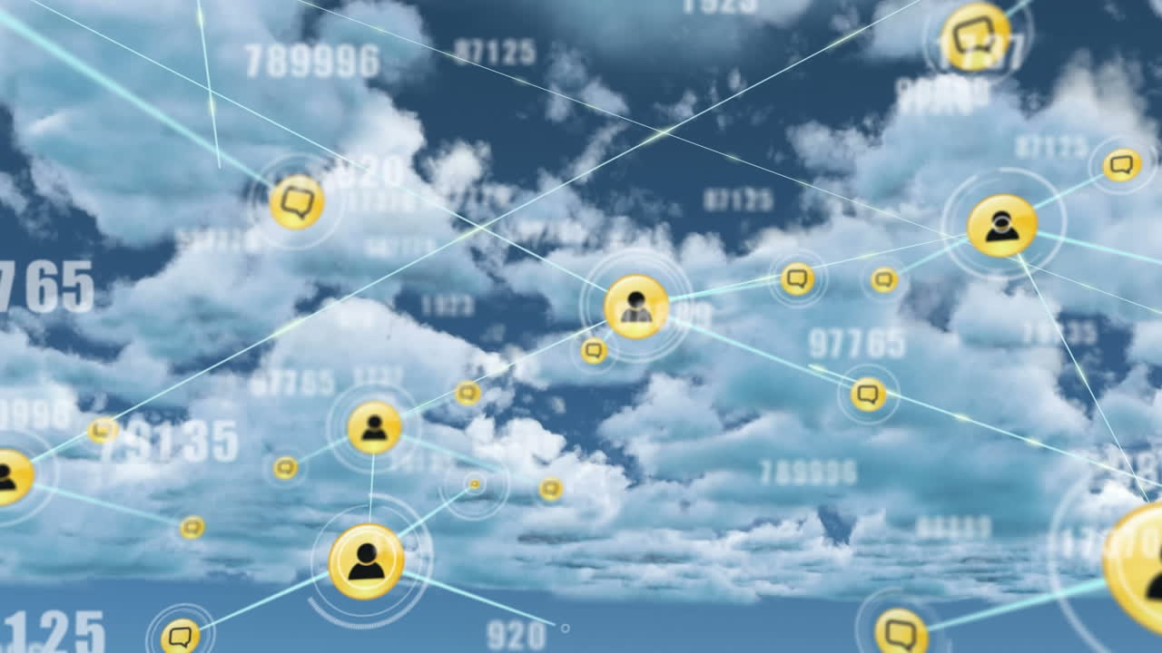 파란 하늘의 구름과 태양 위의 데이터 처리 및 미디어 아이콘 네트워크의 애니메이션