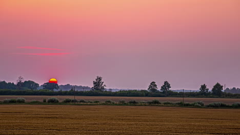 Eine-Aufnahme-Eines-Farbenfrohen-Sonnenuntergangs-Mit-Klarem-Himmel-Und-Einer-Feldlandschaft-Mit-Bäumen