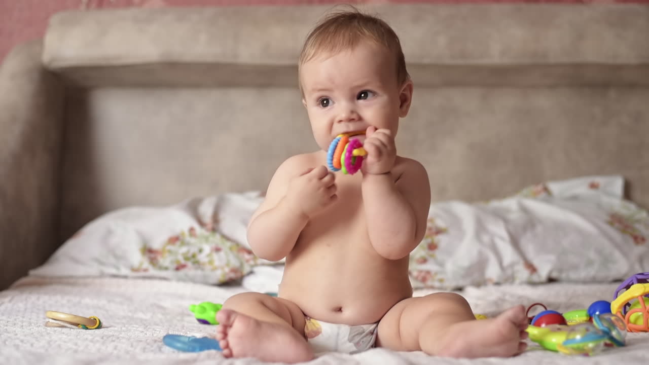 Caucasian blonde baby boy on a bed, playing with toys