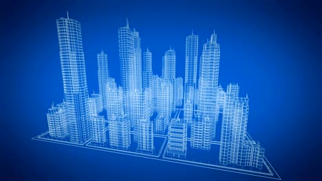 beautiful rotating blueprint of contemporary buildings. blue color. construction and technology concept. looped 3d animation.