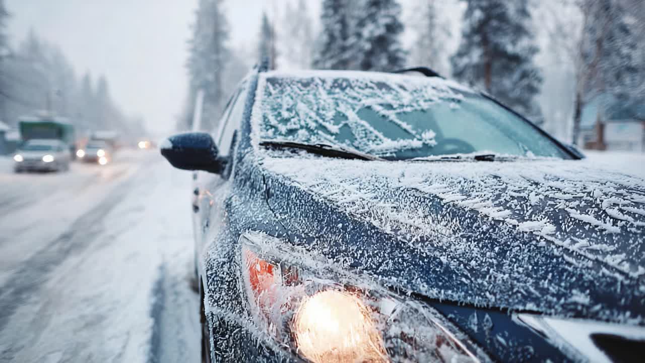 Frost-Covered Vehicle on a Snowy Road: Capturing the Struggles of Winter Driving in a Snowy Landscape with Icy Conditions