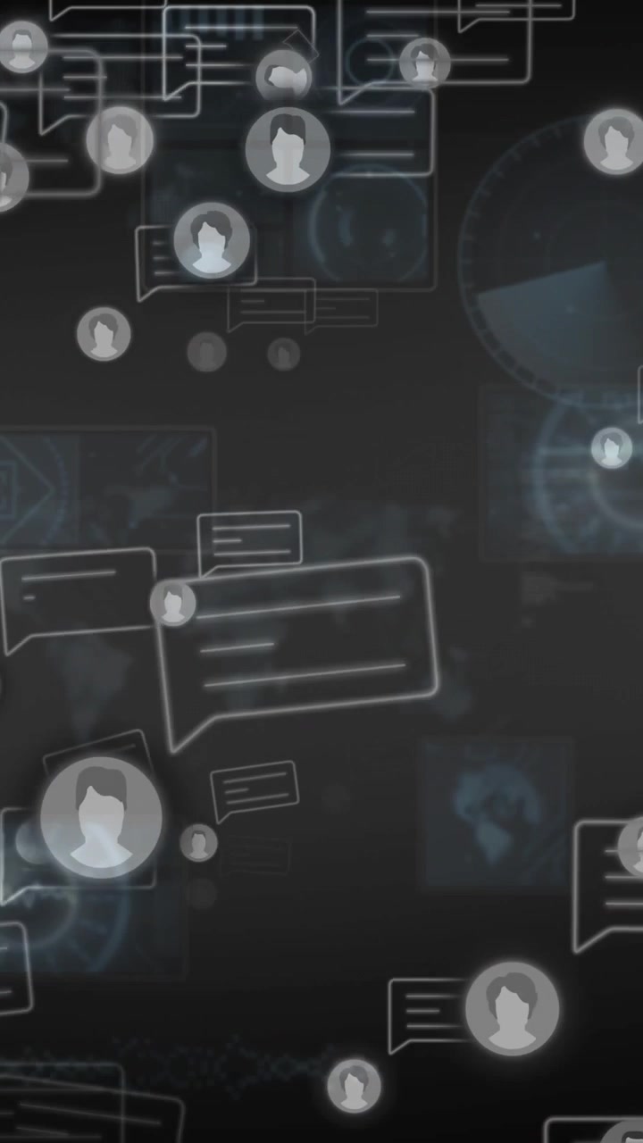 Avatar in streaming e glifi a bolle di chat che entrano dai bordi, mostrando attività di rete su una mappa HUD.