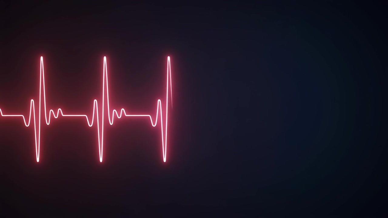 Linea EKG rossa luminosa del battito cardiaco che si muove su sfondo scuro