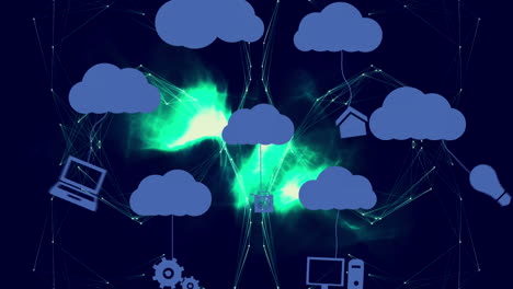 animazione di icone multimediali e rete di connessioni su sfondo nero