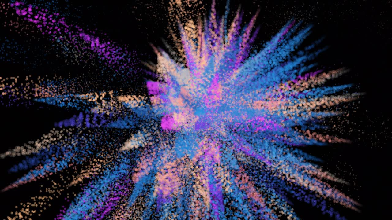 파스텔 컬러 파우더 입자가 검은 바탕에 폭발하는 시무스 루프 애니메이션, 모션 모션 트랜지션 오버레이, 비디오를 위한 알파 매트 효과